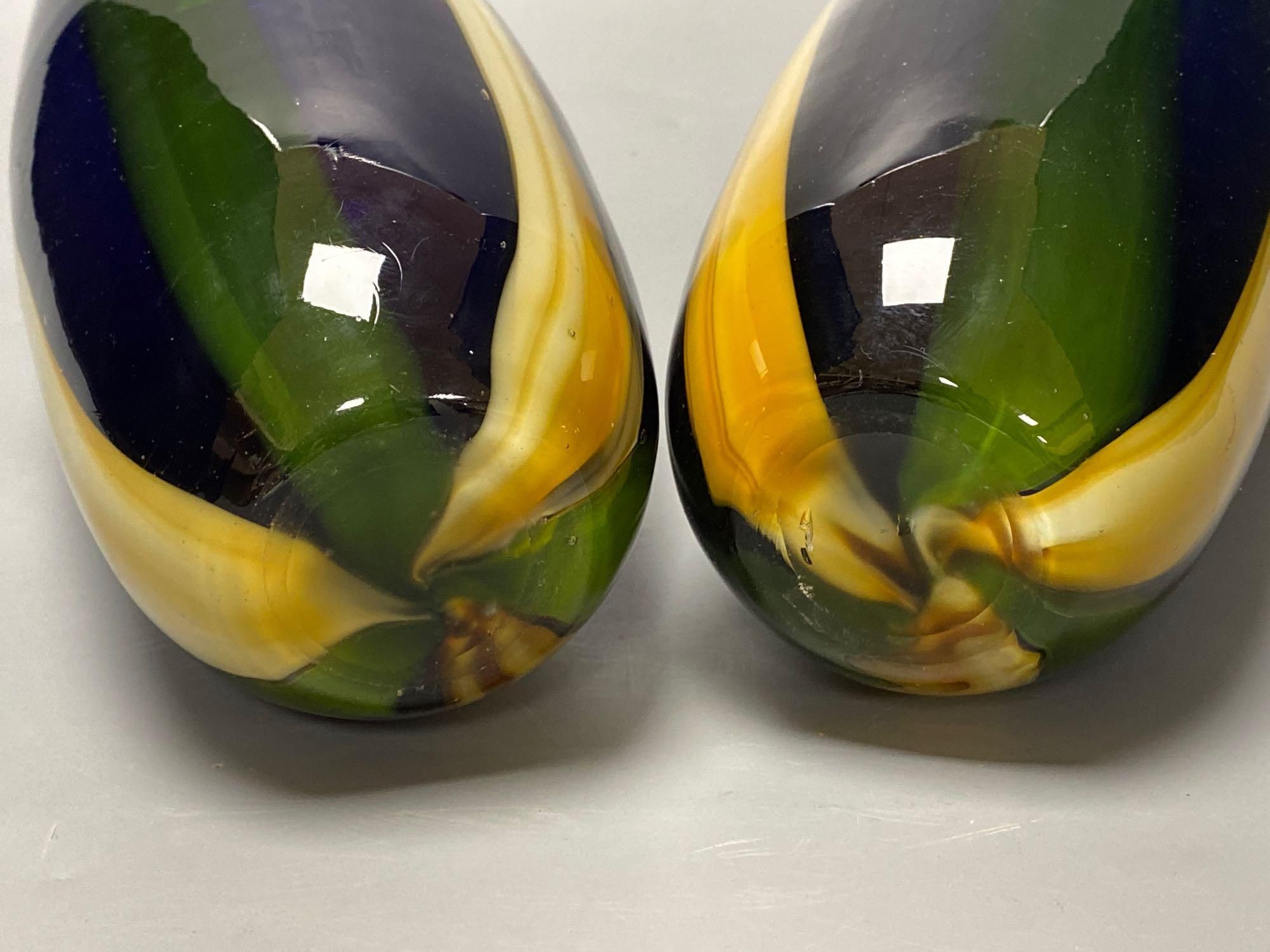 A pair of tall Art glass vases, 33cm, an angular green glass vase, 25cm and a Glory Art glass vase, 13cm